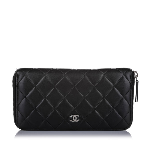 CC Timeless Zip Around Lambskin Leather Long Wallet