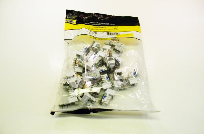 Hubbell HXJ6W25 RJ45 Ethernet Cat6 white keystone jack 25 pack