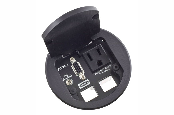 Hubbell TTBDS1BK black table top box with electrical and data.